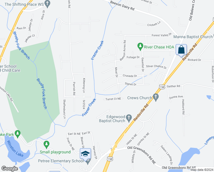 map of restaurants, bars, coffee shops, grocery stores, and more near 3643 Signet Drive in Winston-Salem