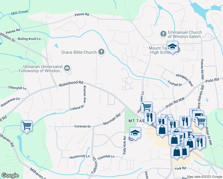 map of restaurants, bars, coffee shops, grocery stores, and more near 3805 Robinhood Road in Winston-Salem