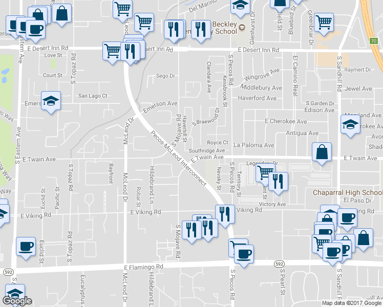 map of restaurants, bars, coffee shops, grocery stores, and more near 3251 Southridge Avenue in Las Vegas