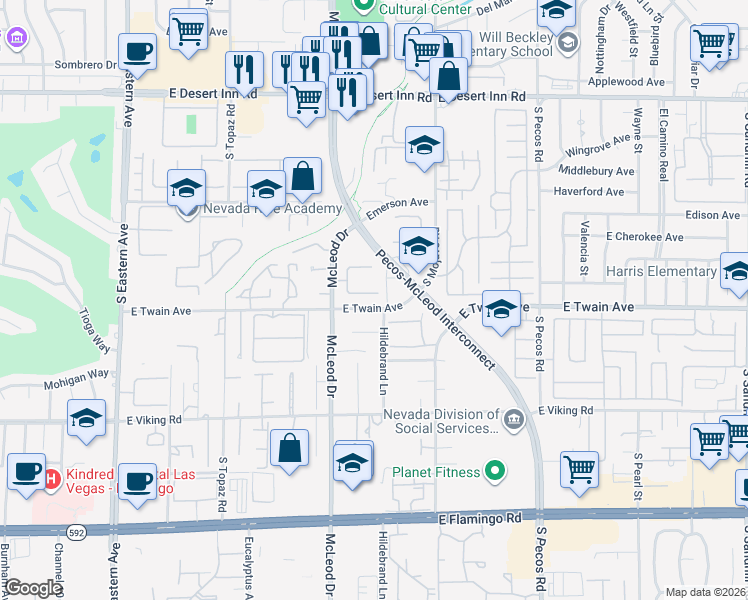 map of restaurants, bars, coffee shops, grocery stores, and more near 3073 Conquista Court in Las Vegas