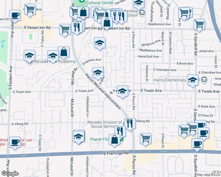 map of restaurants, bars, coffee shops, grocery stores, and more near 3251 Southridge Avenue in Las Vegas