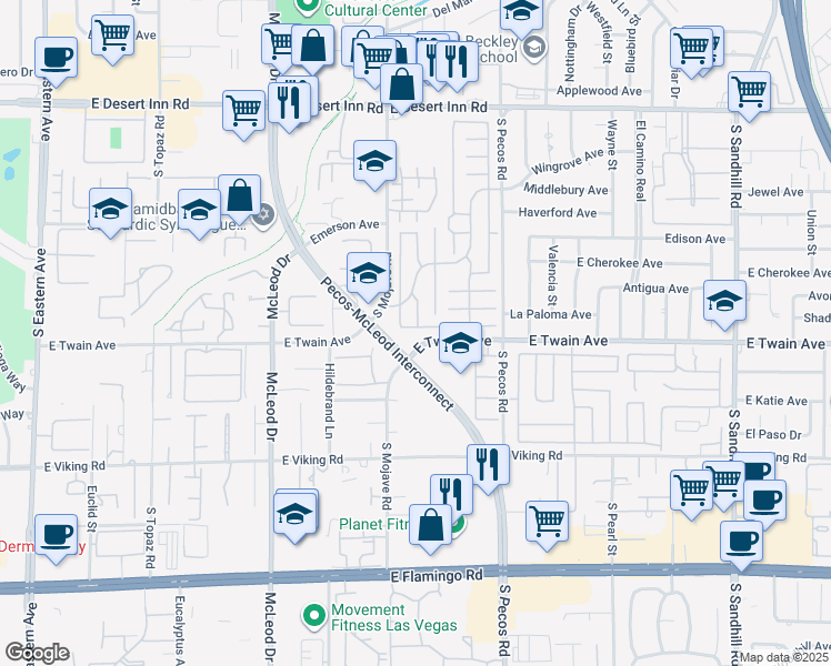 map of restaurants, bars, coffee shops, grocery stores, and more near 3251 Southridge Avenue in Las Vegas