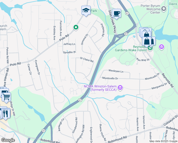 map of restaurants, bars, coffee shops, grocery stores, and more near 2831 Saint Claire Road in Winston-Salem