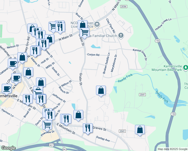 map of restaurants, bars, coffee shops, grocery stores, and more near 406 Tar Heel Lane in Kernersville