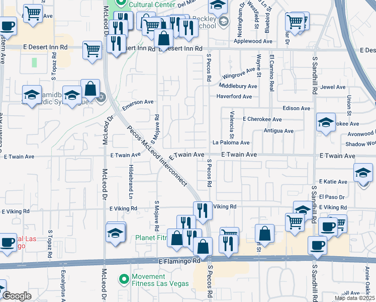 map of restaurants, bars, coffee shops, grocery stores, and more near 3317 Southridge Avenue in Las Vegas