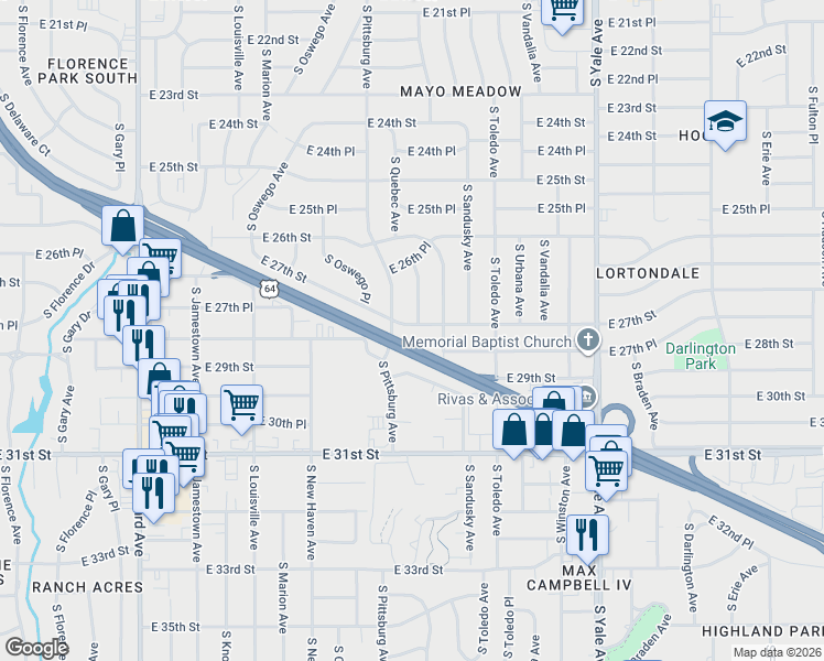 map of restaurants, bars, coffee shops, grocery stores, and more near 2676 South Quebec Avenue in Tulsa