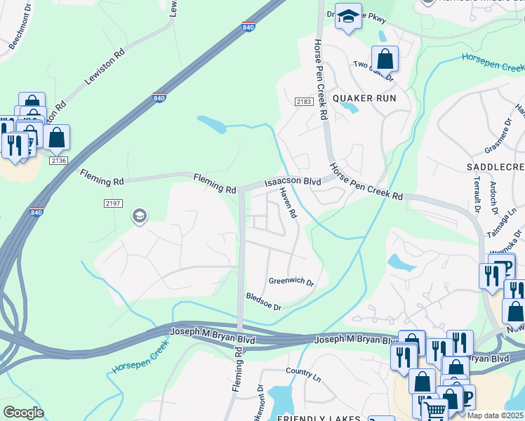map of restaurants, bars, coffee shops, grocery stores, and more near 1917 Freedom Gate Drive in Greensboro