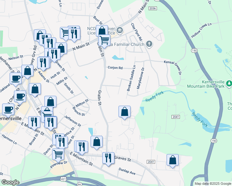 map of restaurants, bars, coffee shops, grocery stores, and more near 406 Tar Heel Lane in Kernersville
