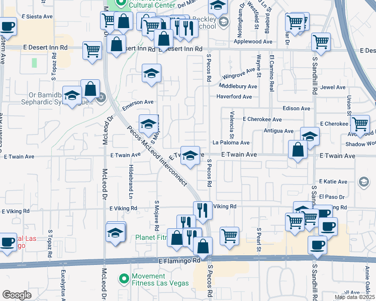 map of restaurants, bars, coffee shops, grocery stores, and more near 3317 Southridge Avenue in Las Vegas