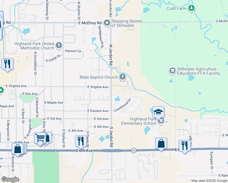 map of restaurants, bars, coffee shops, grocery stores, and more near 103 North Jardot Road in Stillwater