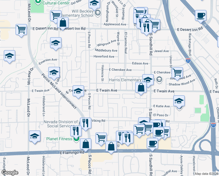 map of restaurants, bars, coffee shops, grocery stores, and more near 3516 East Twain Avenue in Las Vegas