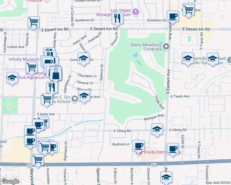 map of restaurants, bars, coffee shops, grocery stores, and more near 3640 Ottawa Circle in Las Vegas