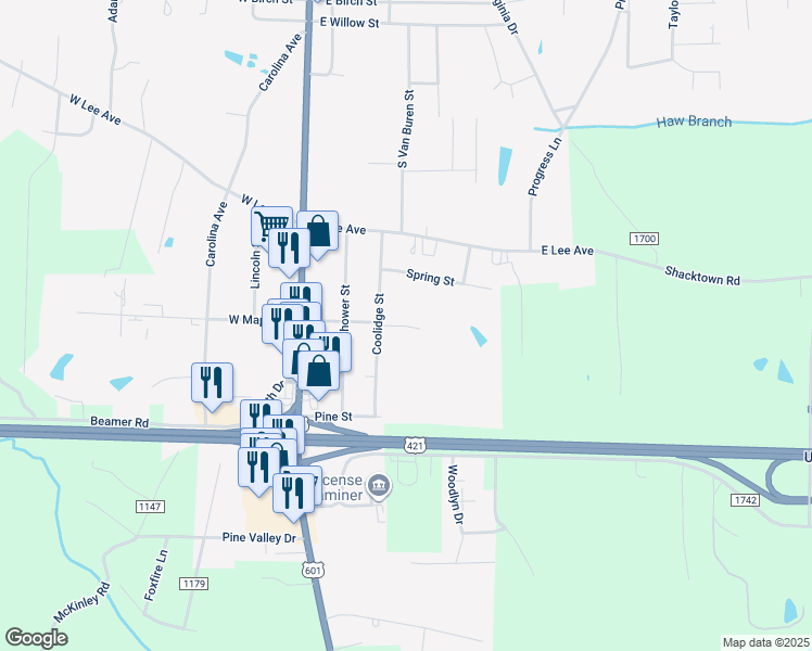 map of restaurants, bars, coffee shops, grocery stores, and more near 637 Coolidge Street in Yadkinville