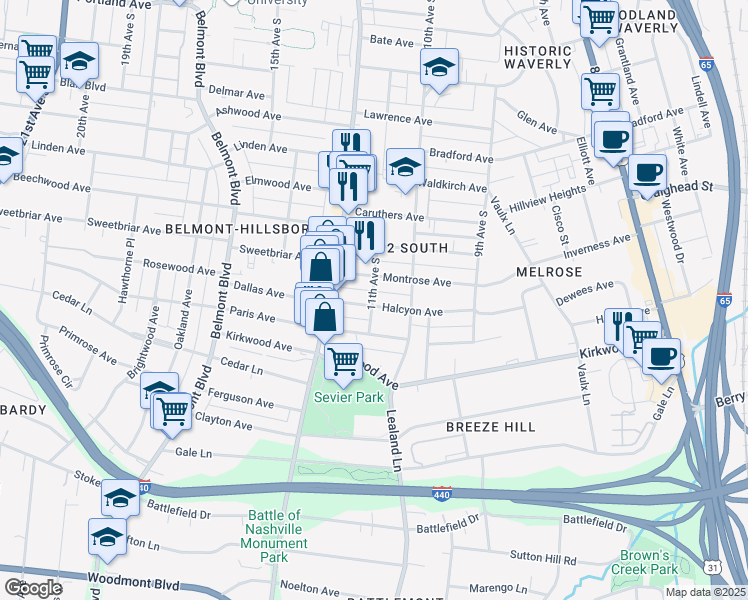 map of restaurants, bars, coffee shops, grocery stores, and more near 1104 Halcyon Avenue in Nashville