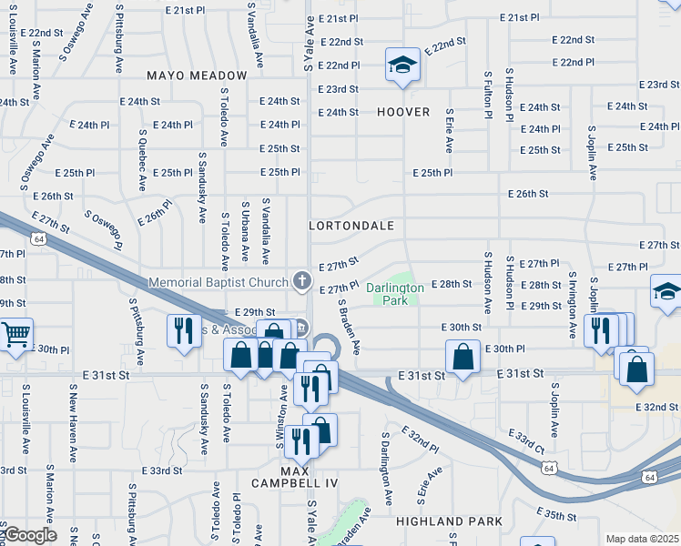 map of restaurants, bars, coffee shops, grocery stores, and more near 4938 East 27th Street in Tulsa