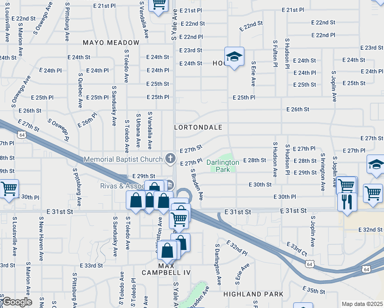 map of restaurants, bars, coffee shops, grocery stores, and more near 4938 East 27th Street in Tulsa