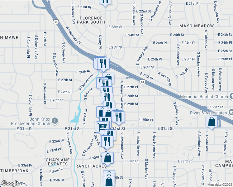 map of restaurants, bars, coffee shops, grocery stores, and more near 3342 East 27th Place in Tulsa