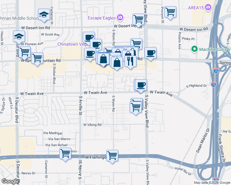 map of restaurants, bars, coffee shops, grocery stores, and more near 4090 West Twain Avenue in Las Vegas