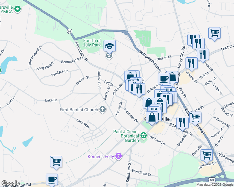 map of restaurants, bars, coffee shops, grocery stores, and more near 115 Clifton Street in Kernersville