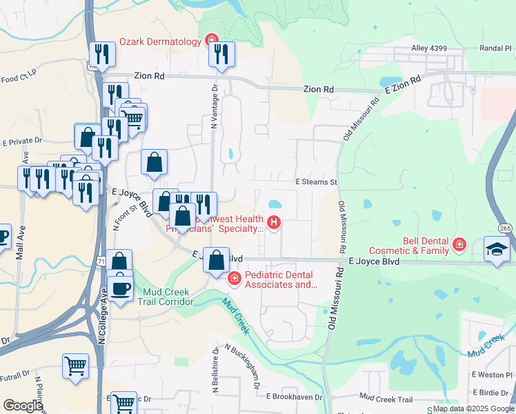 map of restaurants, bars, coffee shops, grocery stores, and more near 3950 North Park Creek Drive in Fayetteville