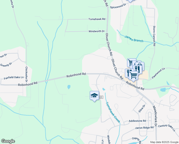map of restaurants, bars, coffee shops, grocery stores, and more near 5515 Robinhood Road in Winston-Salem