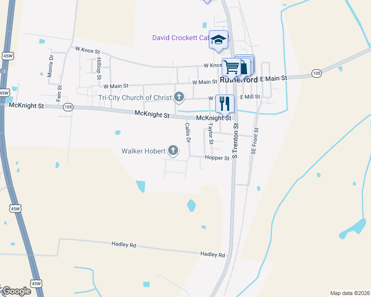 map of restaurants, bars, coffee shops, grocery stores, and more near 131 Callis Dr in Rutherford
