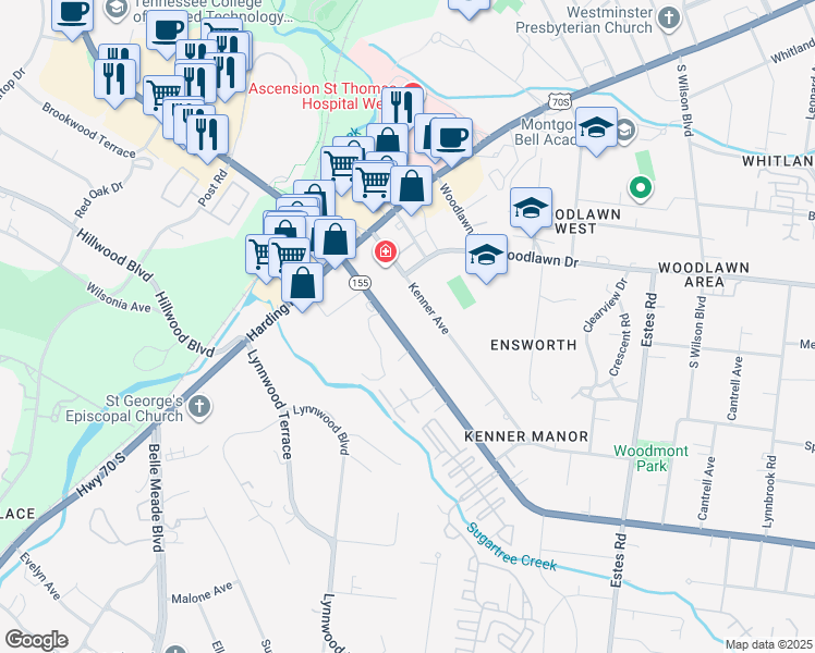 map of restaurants, bars, coffee shops, grocery stores, and more near 120 Woodmont Boulevard in Nashville