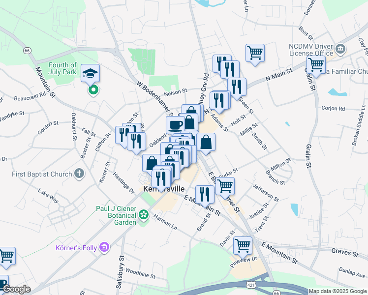 map of restaurants, bars, coffee shops, grocery stores, and more near 121 Railroad Street in Kernersville