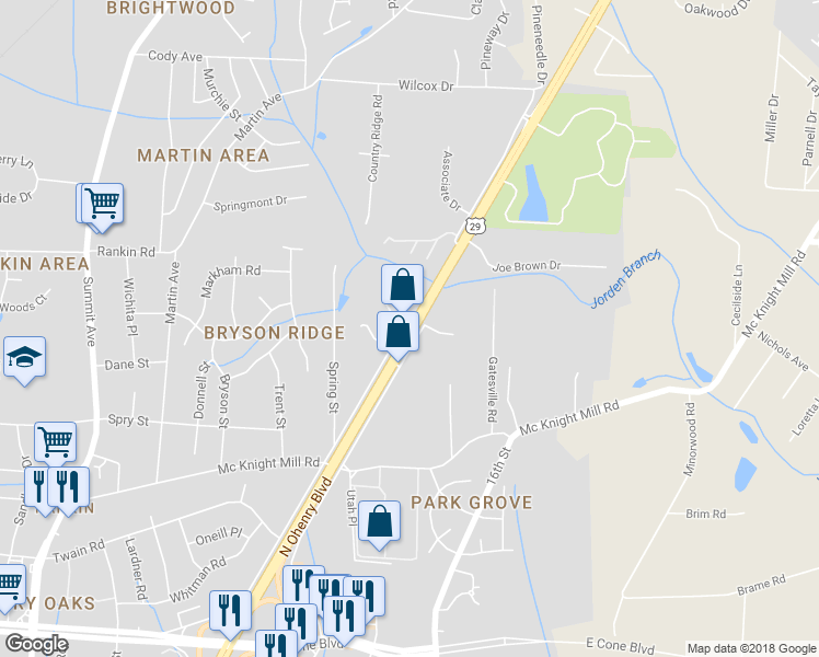 map of restaurants, bars, coffee shops, grocery stores, and more near 3401 North Ohenry Boulevard in Greensboro