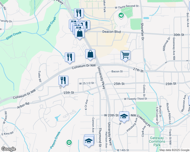 map of restaurants, bars, coffee shops, grocery stores, and more near 2602 Thurmond Street in Winston-Salem