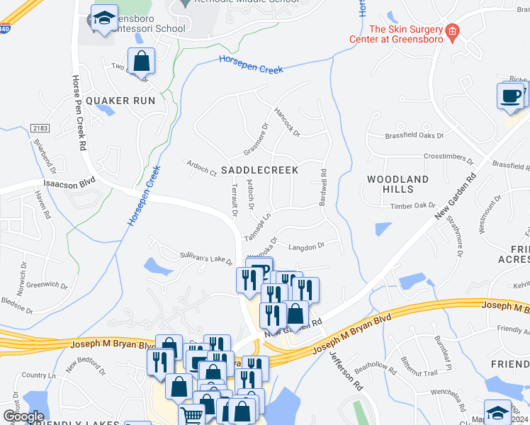 map of restaurants, bars, coffee shops, grocery stores, and more near 4002 Talmaga Lane in Greensboro