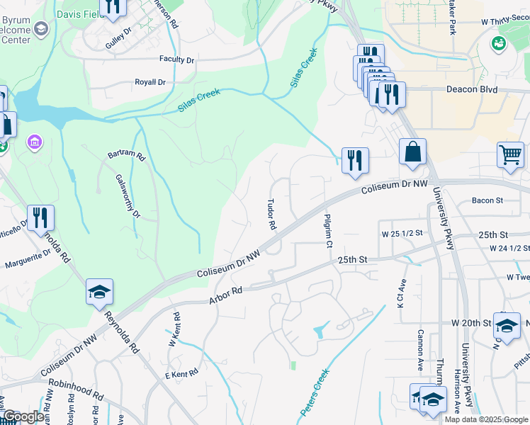 map of restaurants, bars, coffee shops, grocery stores, and more near 2718 Tudor Road in Winston-Salem