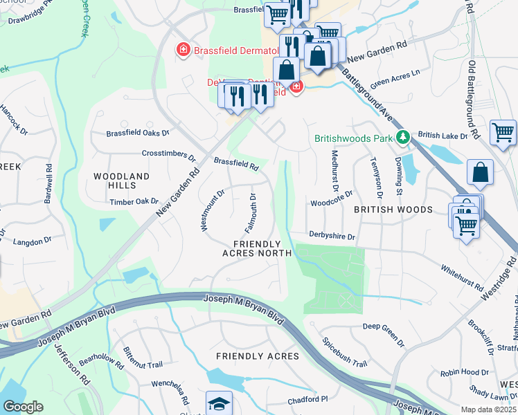 map of restaurants, bars, coffee shops, grocery stores, and more near 2017 Brassfield Road in Greensboro