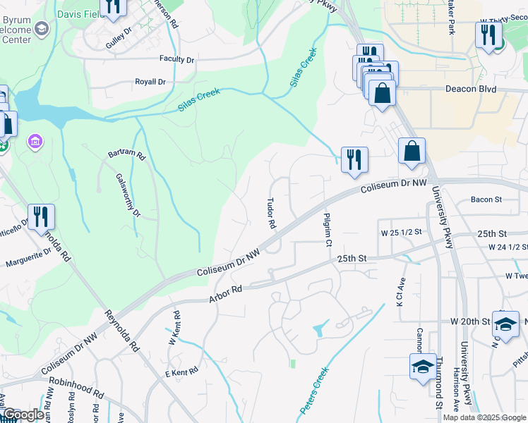map of restaurants, bars, coffee shops, grocery stores, and more near 2718 Tudor Road in Winston-Salem