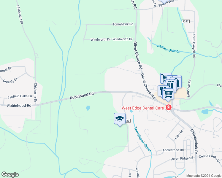map of restaurants, bars, coffee shops, grocery stores, and more near 5515 Robinhood Road in Winston-Salem