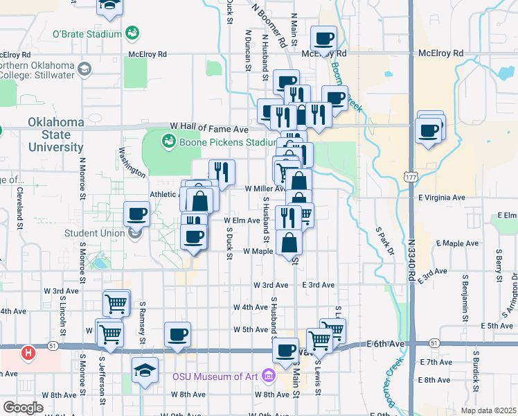 map of restaurants, bars, coffee shops, grocery stores, and more near 120 N3330 Road in Stillwater