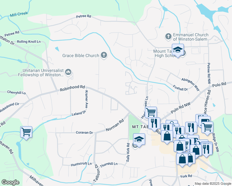 map of restaurants, bars, coffee shops, grocery stores, and more near 3805 Robinhood Road in Winston-Salem