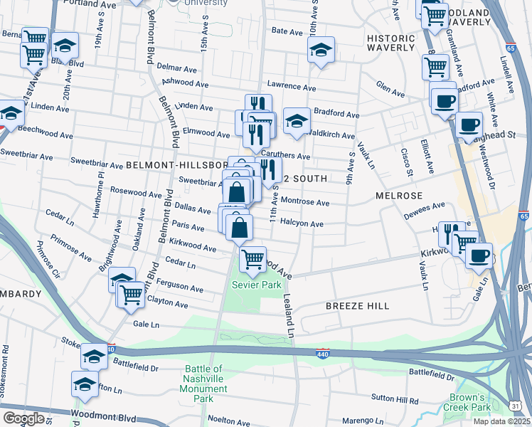 map of restaurants, bars, coffee shops, grocery stores, and more near 1104 Halcyon Avenue in Nashville