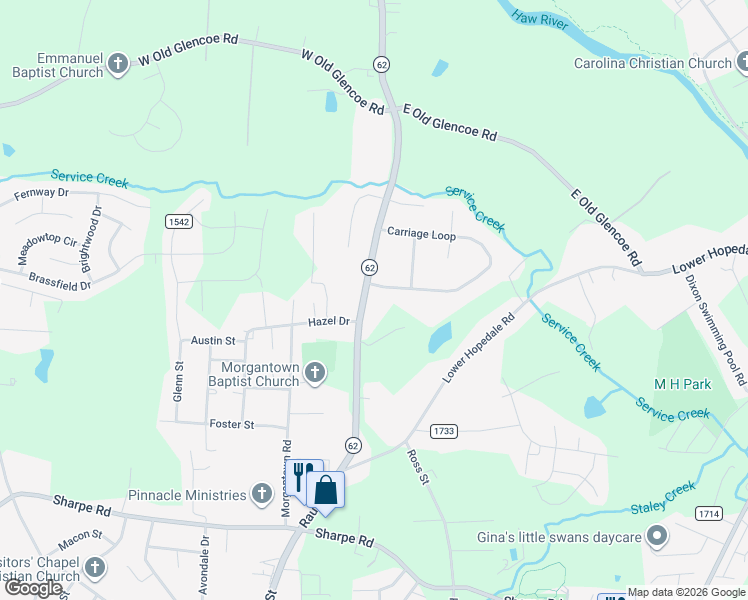 map of restaurants, bars, coffee shops, grocery stores, and more near 1823 North Carolina 62 in Burlington