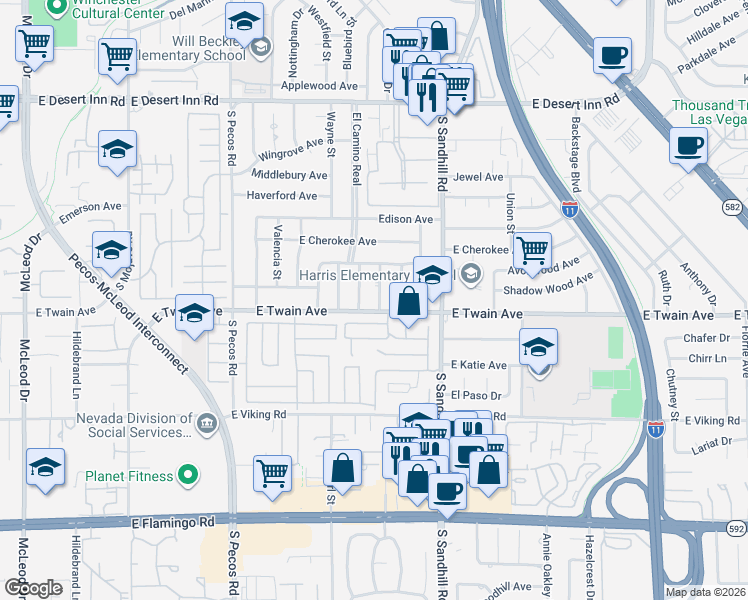map of restaurants, bars, coffee shops, grocery stores, and more near 3681 Castille Street in Las Vegas