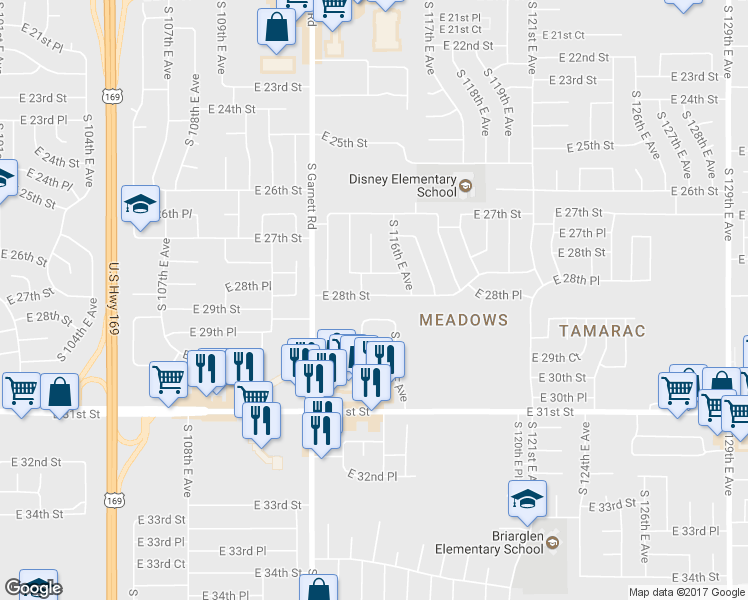 map of restaurants, bars, coffee shops, grocery stores, and more near 11512 East 28th Street in Tulsa
