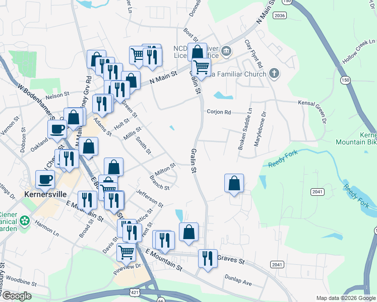 map of restaurants, bars, coffee shops, grocery stores, and more near 406 Gralin Street in Kernersville