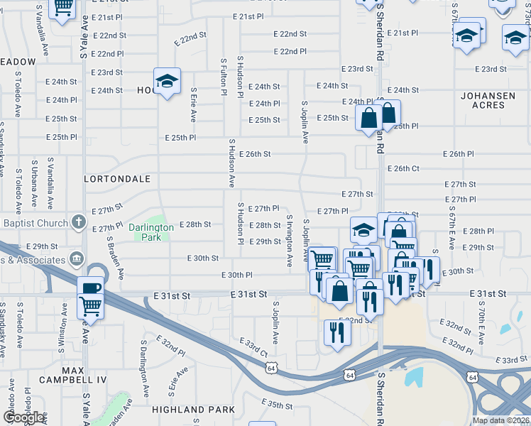 map of restaurants, bars, coffee shops, grocery stores, and more near 5746 E 27th Pl in Tulsa