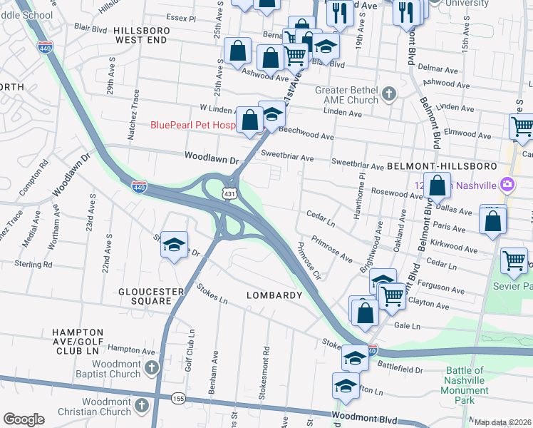 map of restaurants, bars, coffee shops, grocery stores, and more near 2011 Cedar Lane in Nashville