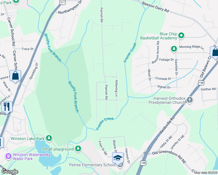 map of restaurants, bars, coffee shops, grocery stores, and more near 3248 Parrish Road in Winston-Salem
