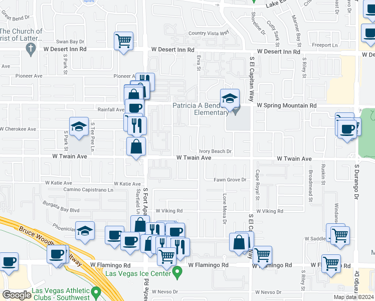 map of restaurants, bars, coffee shops, grocery stores, and more near 3681 Calico Brook Court in Las Vegas