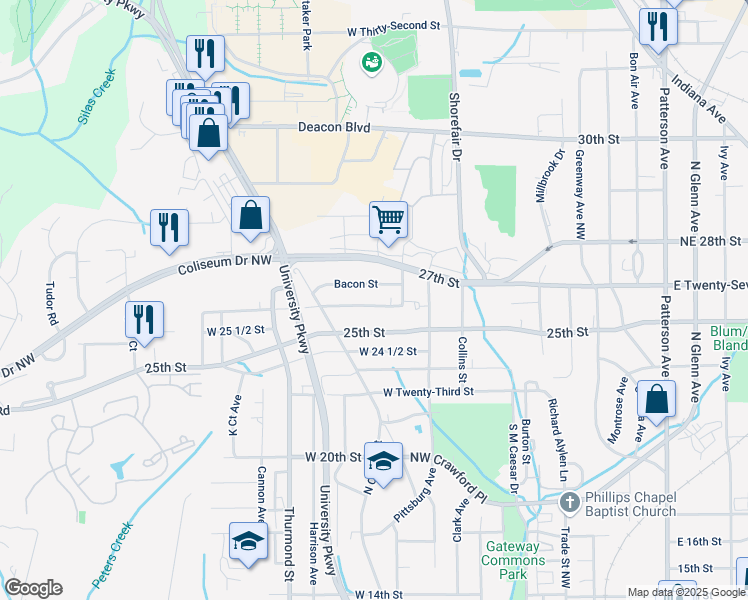 map of restaurants, bars, coffee shops, grocery stores, and more near 421 West 26th Street in Winston-Salem