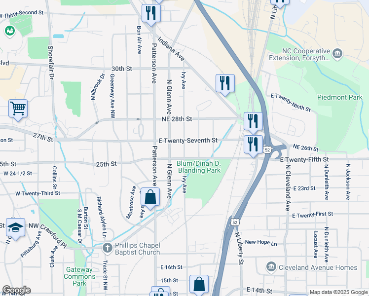 map of restaurants, bars, coffee shops, grocery stores, and more near 2530 Ivy Avenue in Winston-Salem