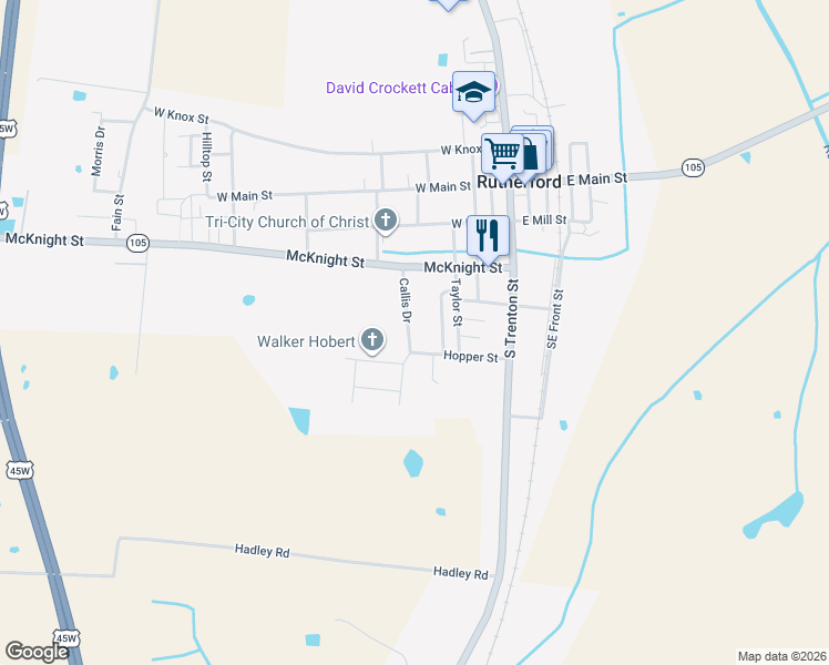 map of restaurants, bars, coffee shops, grocery stores, and more near 131 Callis Drive in Rutherford