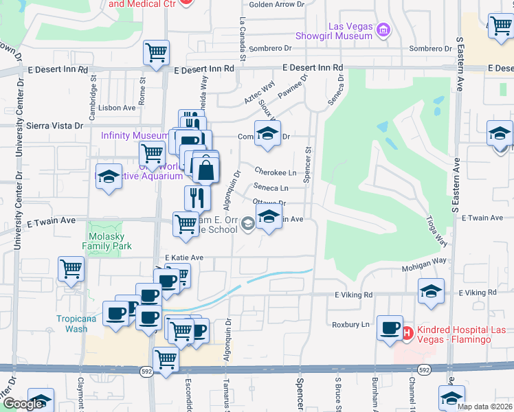 map of restaurants, bars, coffee shops, grocery stores, and more near 1585 Ottawa Drive in Las Vegas